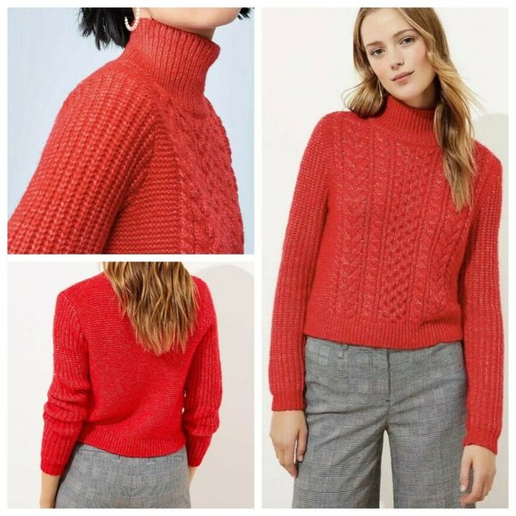 Loft Sweaters | New Ann Taylor Loft 1618 2022 2426 Plus Red Crop Turtleneck Cable Sweater | Color: Red | Size: 1x | Indydarling's Closet